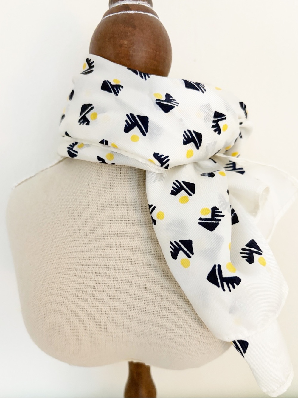 White Patterned Silk blend Scarf with Navy and Yellow Accents